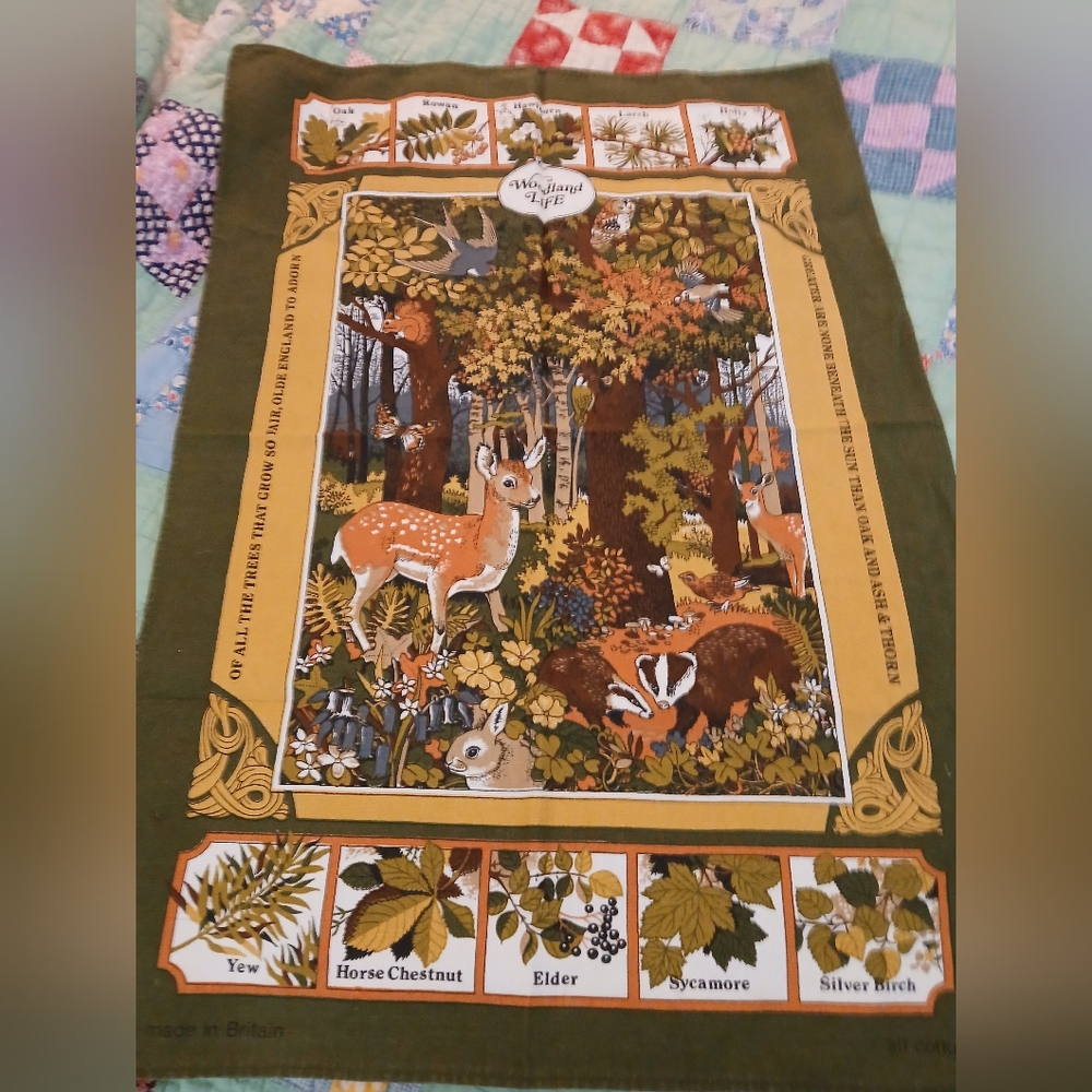 Vintage Cotton Linen Tea Towel ' The Woodland Life' Stunning